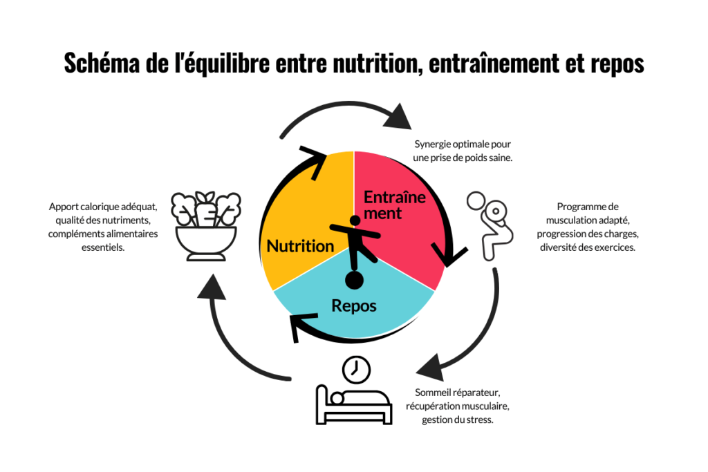 Meilleurs Compléments Alimentaires pour la Prise de Poids :Schéma illustrant l'équilibre entre nutrition, entraînement et repos