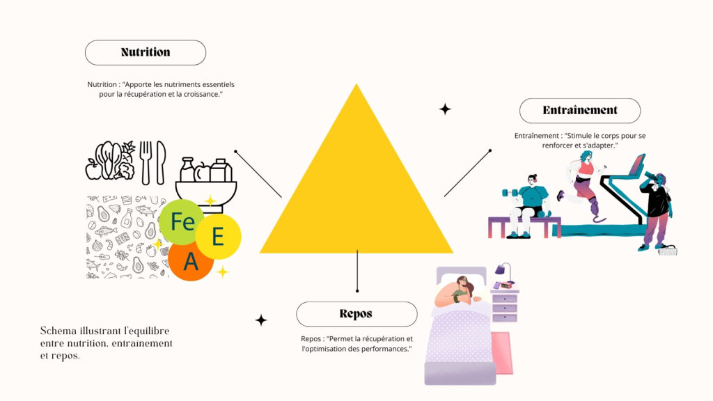 Protéine pour Masse Musculaire : Schéma illustrant l'équilibre entre nutrition, entraînement et repos